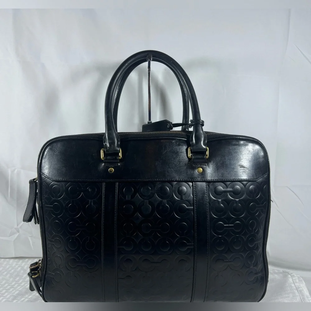 4043: Coach Black Embossed Leather Laptop Briefcase Business Bag